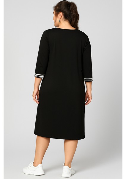 Büyük Beden Yaka ve Kol Ucu Şerit Uzun Kol Viskon Elbise modelleri