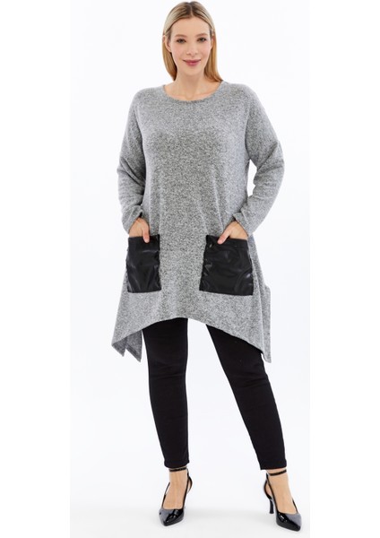 Büyük Beden Ön Deri Cepli Yırtmaçlı Uzun Kol Yumoş Kumaş Tunik