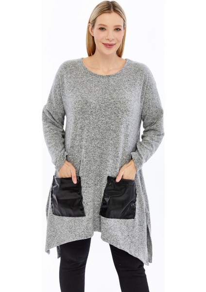 Büyük Beden Ön Deri Cepli Yırtmaçlı Uzun Kol Yumoş Kumaş Tunik fiyatları