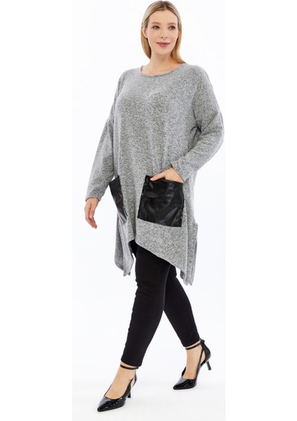 Büyük Beden Ön Deri Cepli Yırtmaçlı Uzun Kol Yumoş Kumaş Tunik modelleri