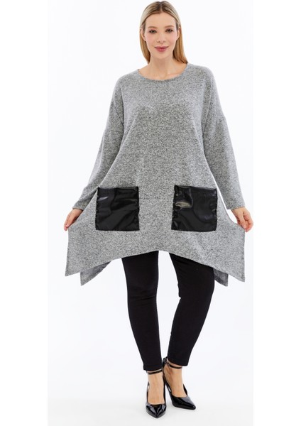 Büyük Beden Ön Deri Cepli Yırtmaçlı Uzun Kol Yumoş Kumaş Tunik indirimleri