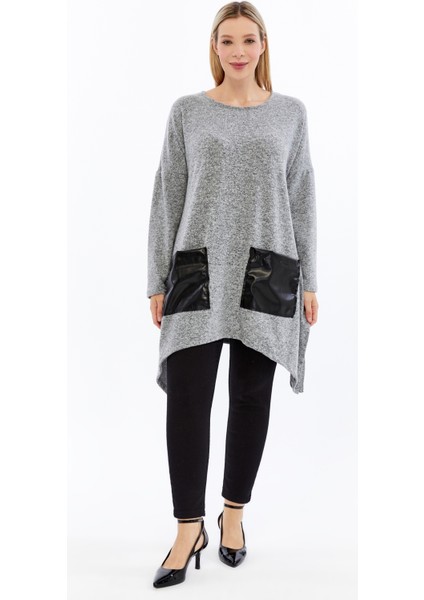 Büyük Beden Ön Deri Cepli Yırtmaçlı Uzun Kol Yumoş Kumaş Tunik