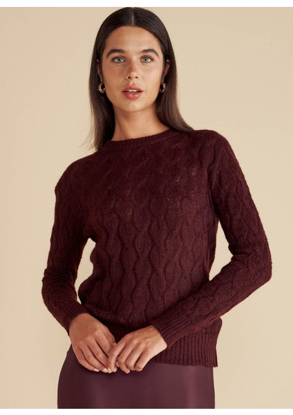 Bisiklet Yaka Standart Saç Örgü Desenli Bordo Kazak Kadın Bisiklet Yaka Saç Örgü Yün Kazak