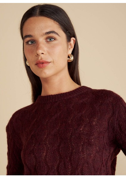 Bisiklet Yaka Standart Saç Örgü Desenli Bordo Kazak Kadın Bisiklet Yaka Saç Örgü Yün Kazak modelleri