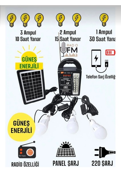 Radyolu 3 Ampul Güneş Enerjili Aydınlatma Cihazı