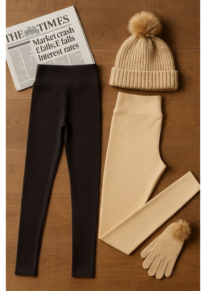 3'lü Set Kışlık Süper Şardonlu Pofuduk Kadın Tayt (2 Siyah - 1 Ten) fiyatları