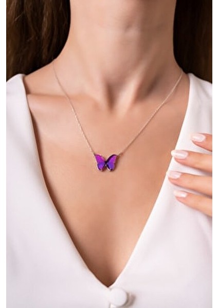 Mor Kelebek Kolye 925 Ayar Gümüş ile Şık Hediye Kutusunda 48 cm Zincir