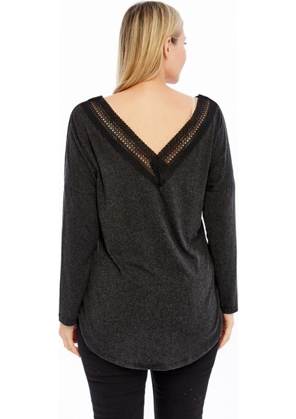 Büyük Beden Sırt V Güpür Uzun Kol Kırçıllı Viskon Kumaş Bluz