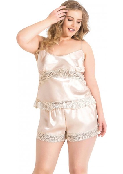 -Büyük Beden Fildişi Saten Babydoll Şort Takımı