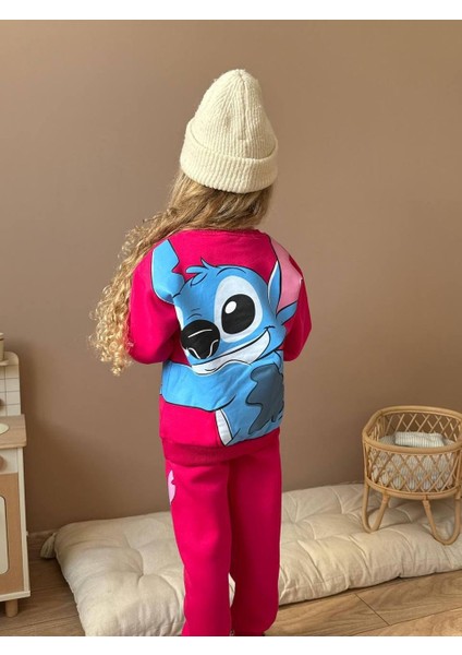 Stitch Temalı Sırt Baskı Detay Kız Çocuk 3 Iplik Şardonlu Alt Üst Sweatshirt Eşofman Takım