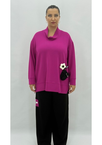 Büyük Beden Geniş Kalıp Çiçek Fiyonklu Hakim Yaka Kadın Eşofman Takımı