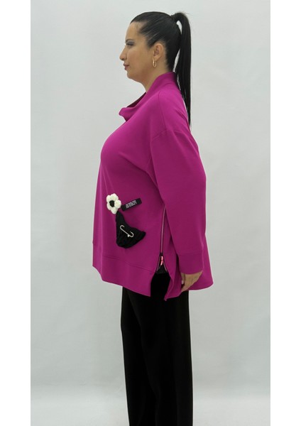 Büyük Beden Geniş Kalıp Çiçek Fiyonklu Hakim Yaka Kadın Eşofman Takımı modelleri