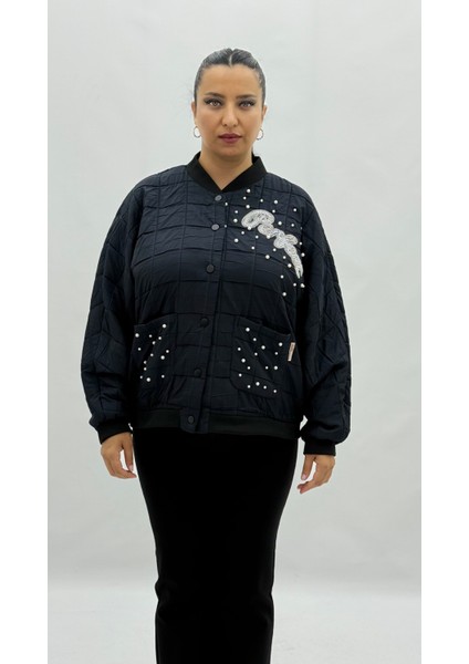 Büyük Beden Düğmeli Cepli Kapitone Incili Taş Detaylı Uzun Kol Oversize Kadın Ceket