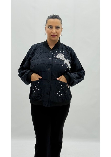 Büyük Beden Düğmeli Cepli Kapitone Incili Taş Detaylı Uzun Kol Oversize Kadın Ceket fiyatları