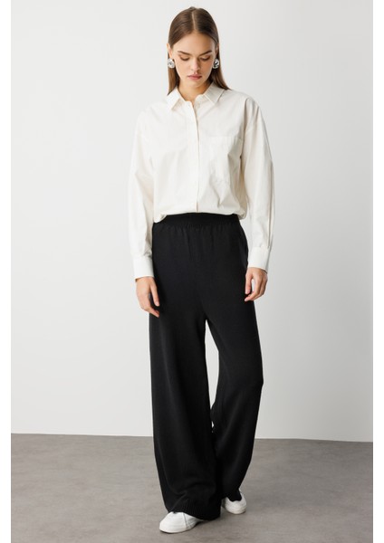 Geniş Paça Beli Lastikli Siyah Triko Jogger Pantolon