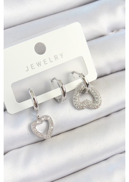 Pirinç Zirkon Taşlı Kalp Model Gümüş Renk 3'lü Çift Kadın Küpe Set - Lisinya