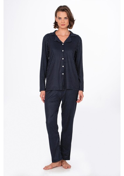 Kadın Süet Önden Düğmeli Pijama Takımı | Puantiyeli Lacivert