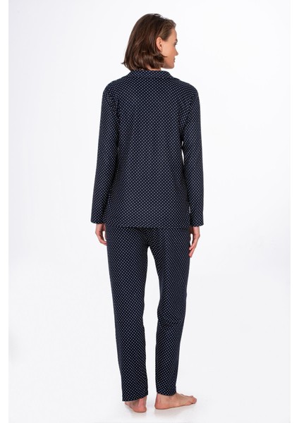 Kadın Süet Önden Düğmeli Pijama Takımı | Puantiyeli Lacivert fiyatları