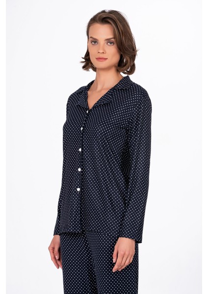 Kadın Süet Önden Düğmeli Pijama Takımı | Puantiyeli Lacivert modelleri