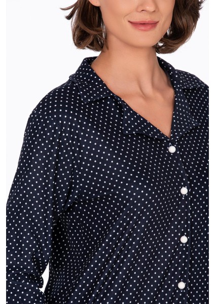 Kadın Süet Önden Düğmeli Pijama Takımı | Puantiyeli Lacivert fırsatları