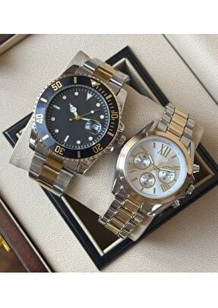 Çift Kol Metal Kordon Analog Sevgili Saatleri Özel Kutuda Şık Tasarım