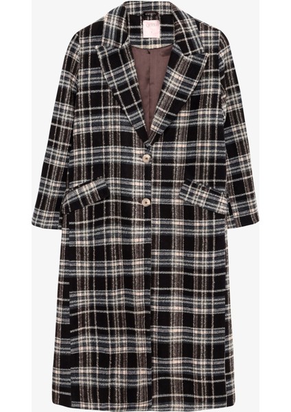 Ekose Düğmeli Oversize Kaşe Kaban Kahverengi