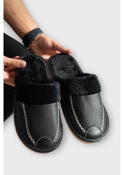 Deri Görünümlü Kürklü Erkek Ev Terliği Siyah fiyatları