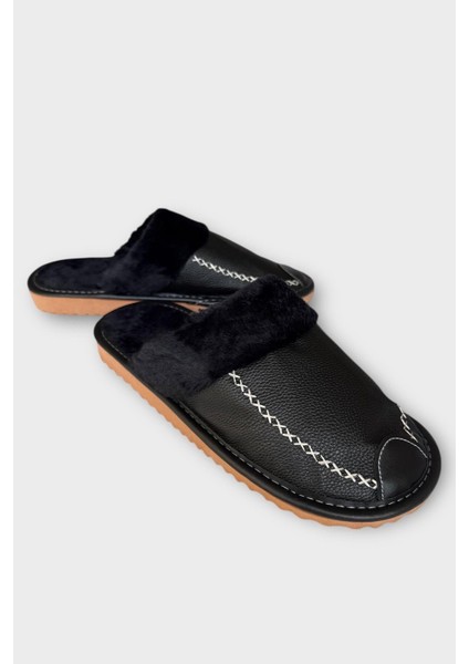 Deri Görünümlü Kürklü Erkek Ev Terliği Siyah modelleri