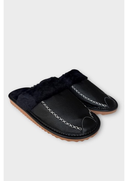 Deri Görünümlü Kürklü Erkek Ev Terliği Siyah fırsatları