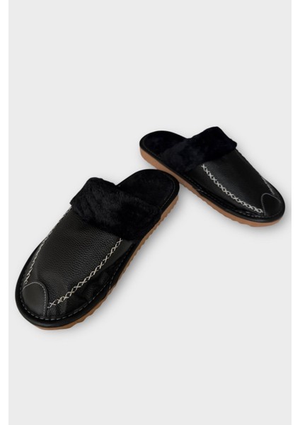Deri Görünümlü Kürklü Erkek Ev Terliği Siyah indirimleri