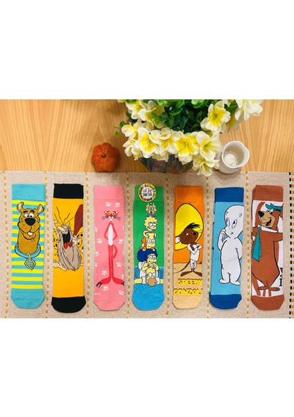 Renkli 7'li Set Çizgi Film Kahramanlar Desenli Pamuklu Çorap