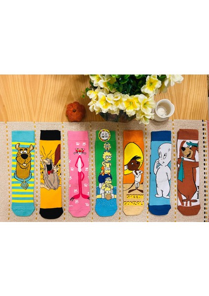 Renkli 7'li Set Çizgi Film Kahramanlar Desenli Pamuklu Çorap modelleri