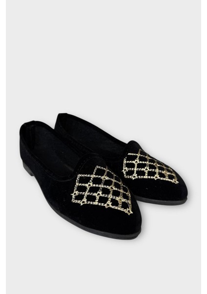 Kadın Günlük Nakış Detaylı Ev Babet Siyah - Krem modelleri