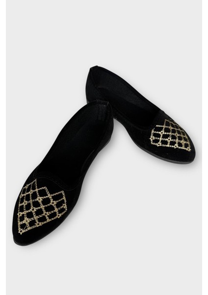 Kadın Günlük Nakış Detaylı Ev Babet Siyah - Krem fırsatları