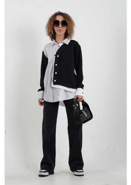 Siyah Triko Detaylı Çizgili Gömlek fiyatları