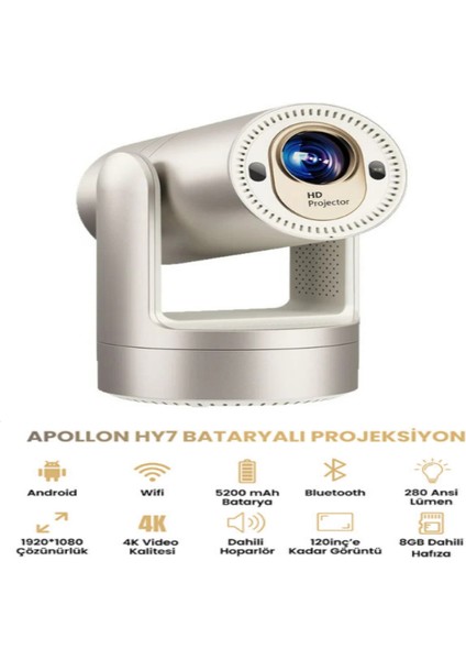 Apollon Hy7 Taşınabilir Bataryalı Projeksiyon Cihazı – Full Hd, 120 Inç, Wi-Fi & Bluetooth fiyatları