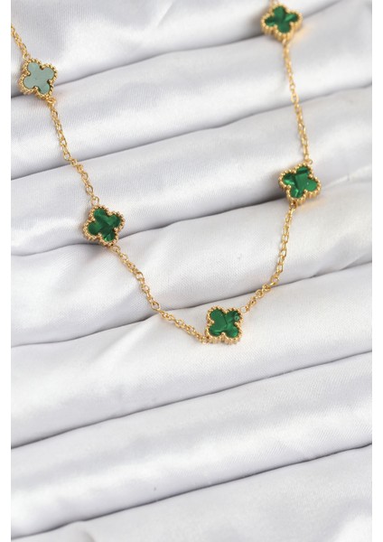 316L Çelik Zincir Gold Renk Yeşil Baby Boy Yonca Kadın Kolye - TJ-BKO10570