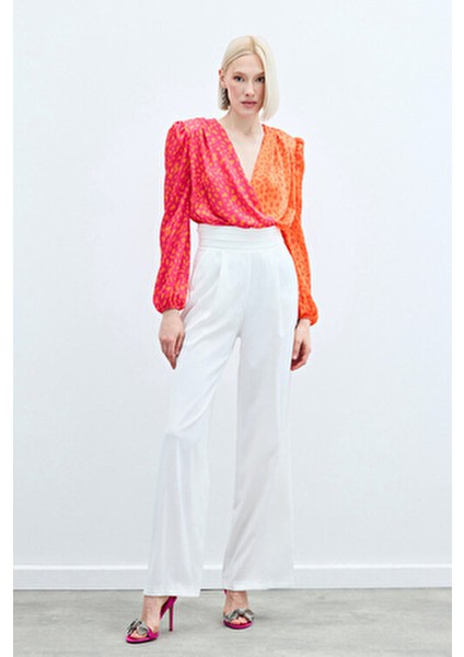 Kadın Bodysuit Kruvaze Yaka Uzun Kol Günlük Kullanım İçin Oranj-Fuşya