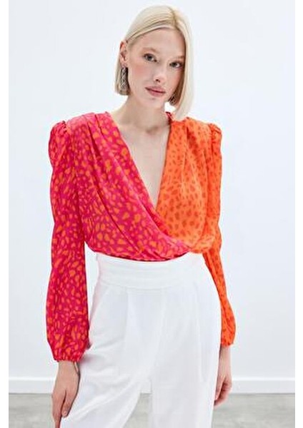 Kadın Bodysuit Kruvaze Yaka Uzun Kol Günlük Kullanım İçin Oranj-Fuşya