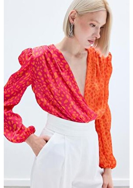 Kadın Bodysuit Kruvaze Yaka Uzun Kol Günlük Kullanım İçin Oranj-Fuşya