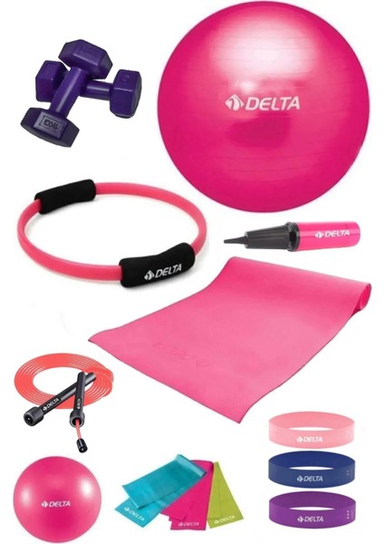 140 - 159 cm Boya Uygun 14 Parça Pilates Seti 55 cm Top 4 mm Minder Çember Squat Bandı 1 kg Dambıl