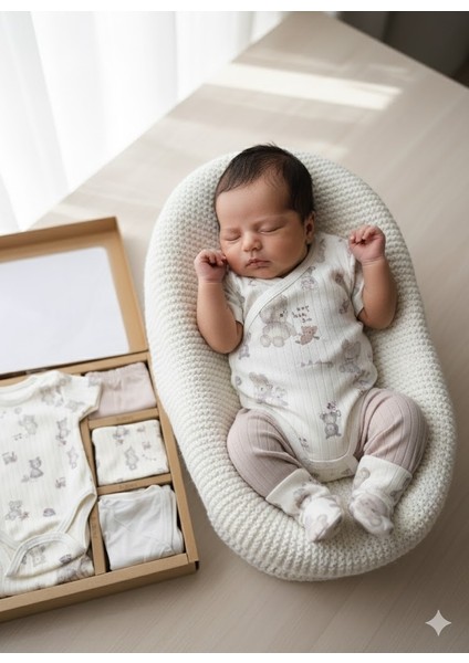 Kız-Erkek Yeni Doğan Hastane Çıkışı % 100 Organik Pamuk Kutulu 10'lu Full Takım Ayıcıklı