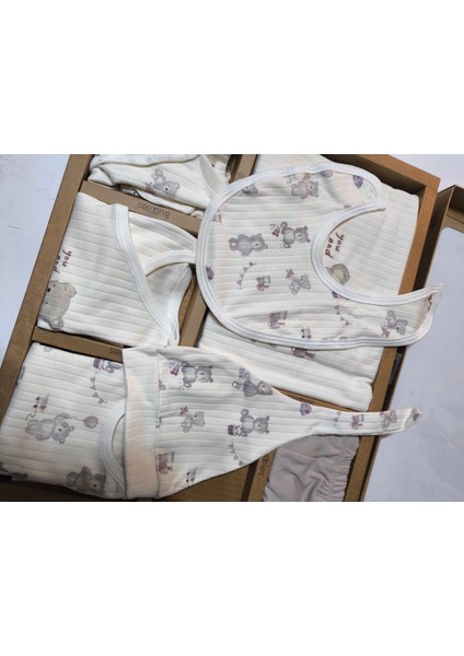Kız-Erkek Yeni Doğan Hastane Çıkışı % 100 Organik Pamuk Kutulu 10'lu Full Takım Ayıcıklı
