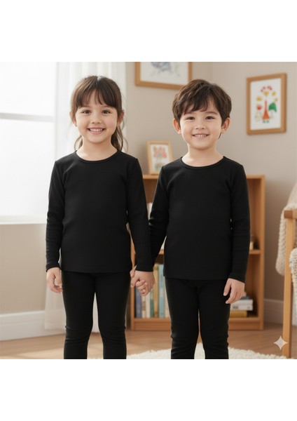 Unisex Çocuk Termal Üst Içlik Fanila Fırçalanmış Iç Yüzey Pamuklu Esnek Sıcak Konforlu Kışlık Siyah