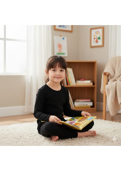 Unisex Çocuk Termal Üst Içlik Fanila Fırçalanmış Iç Yüzey Pamuklu Esnek Sıcak Konforlu Kışlık Siyah