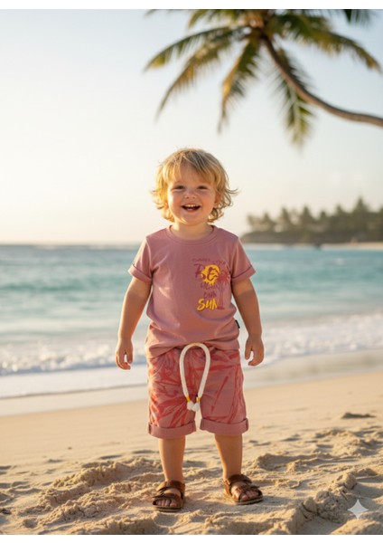 Çocuk Unisex Kız Erkek Şortlu Alt Üst Takım Kreş %100 Pamuk Rahat Tarz Tasarım Premium, Mercan