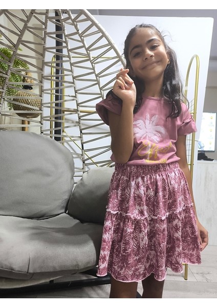 Kız Çocuk Etekli Tişörtlü Takım Pamuklu Palmiyeli