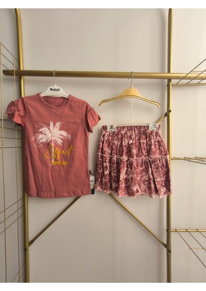 Kız Çocuk Etekli Tişörtlü Takım Pamuklu Palmiyeli fiyatları