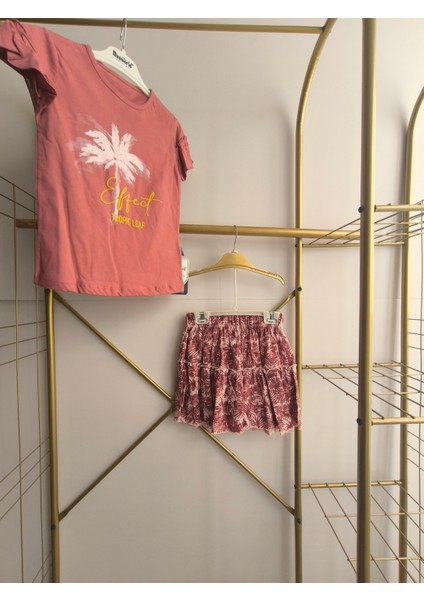 Kız Çocuk Etekli Tişörtlü Takım Pamuklu Palmiyeli modelleri