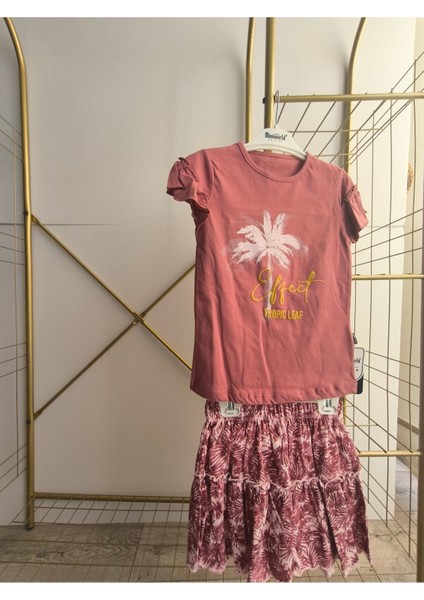 Kız Çocuk Etekli Tişörtlü Takım Pamuklu Palmiyeli fırsatları